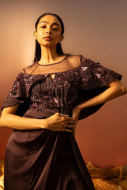 Aged Grape Silk Satin Capelet Dress Ruceru
